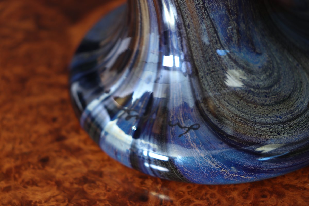 Grande lampe champignon en verre d'art irisé français signé-photo-7