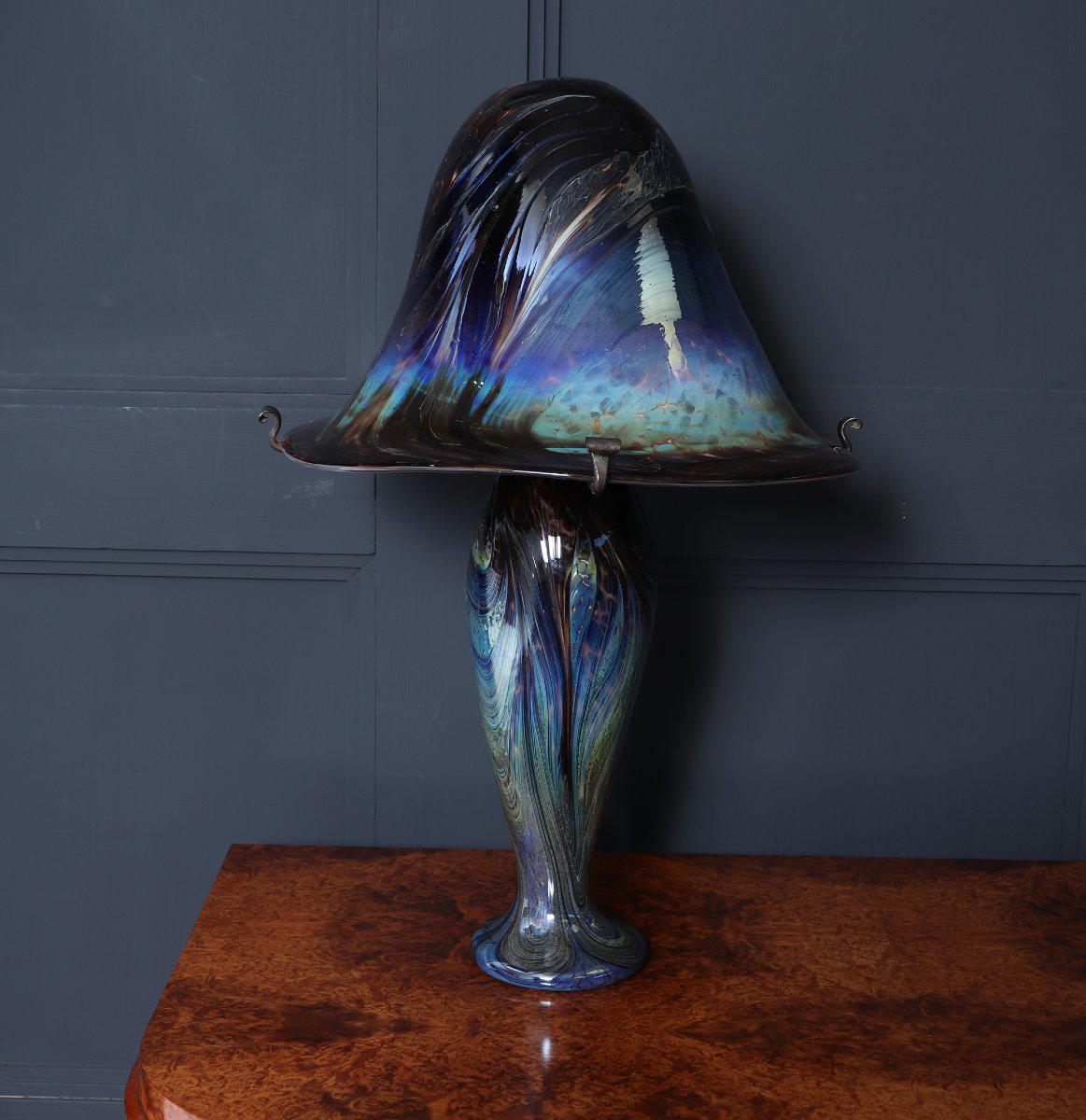 Grande lampe champignon en verre d'art irisé français signé-photo-8