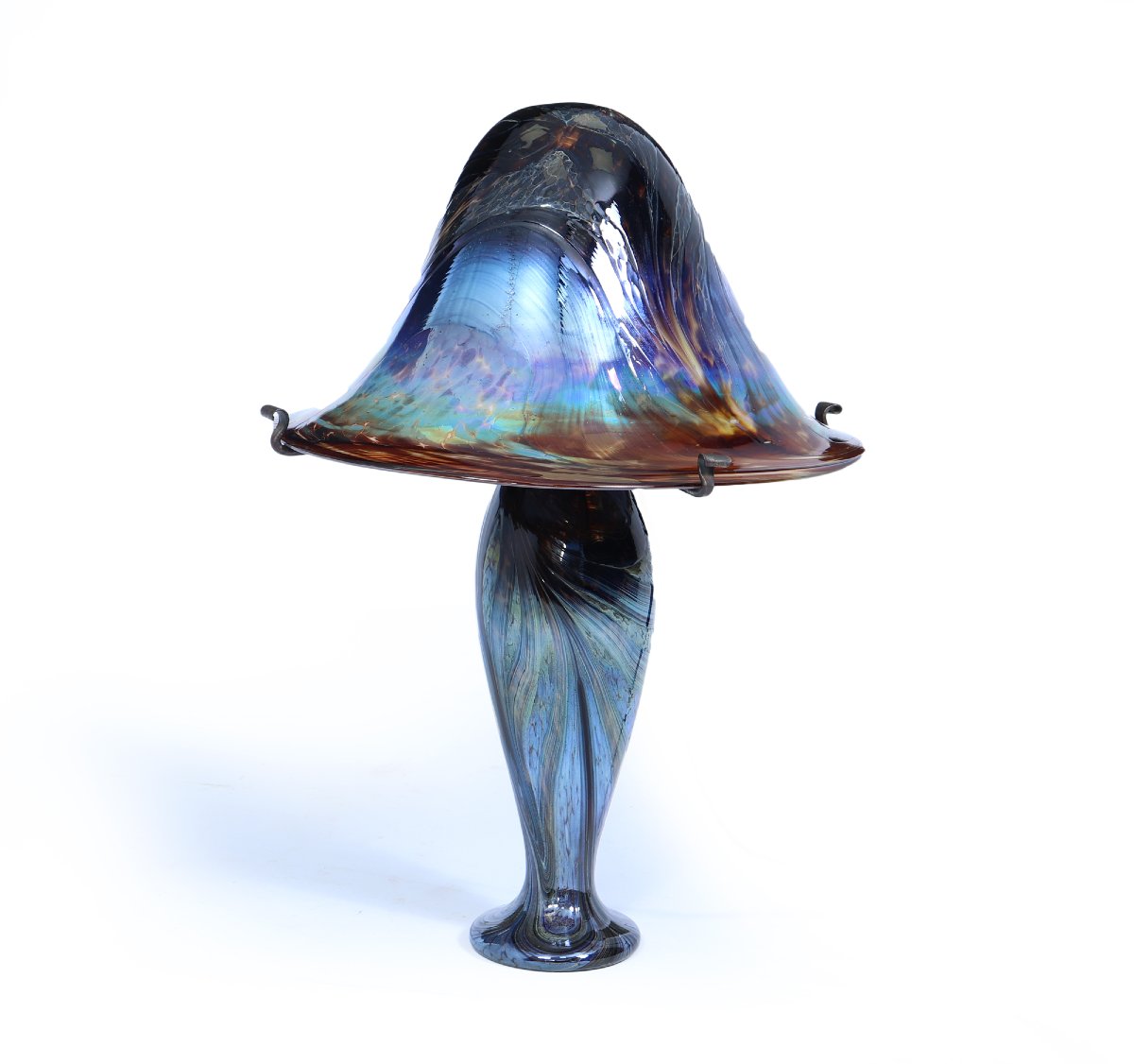Grande lampe champignon en verre d'art irisé français signé