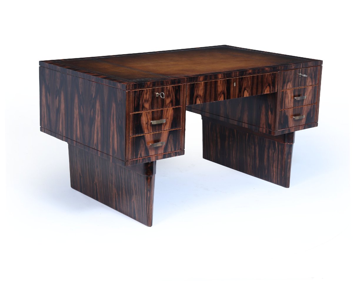 Italian Art Deco Desk In Macassar Ebony With Leather Top, Circa 1950
