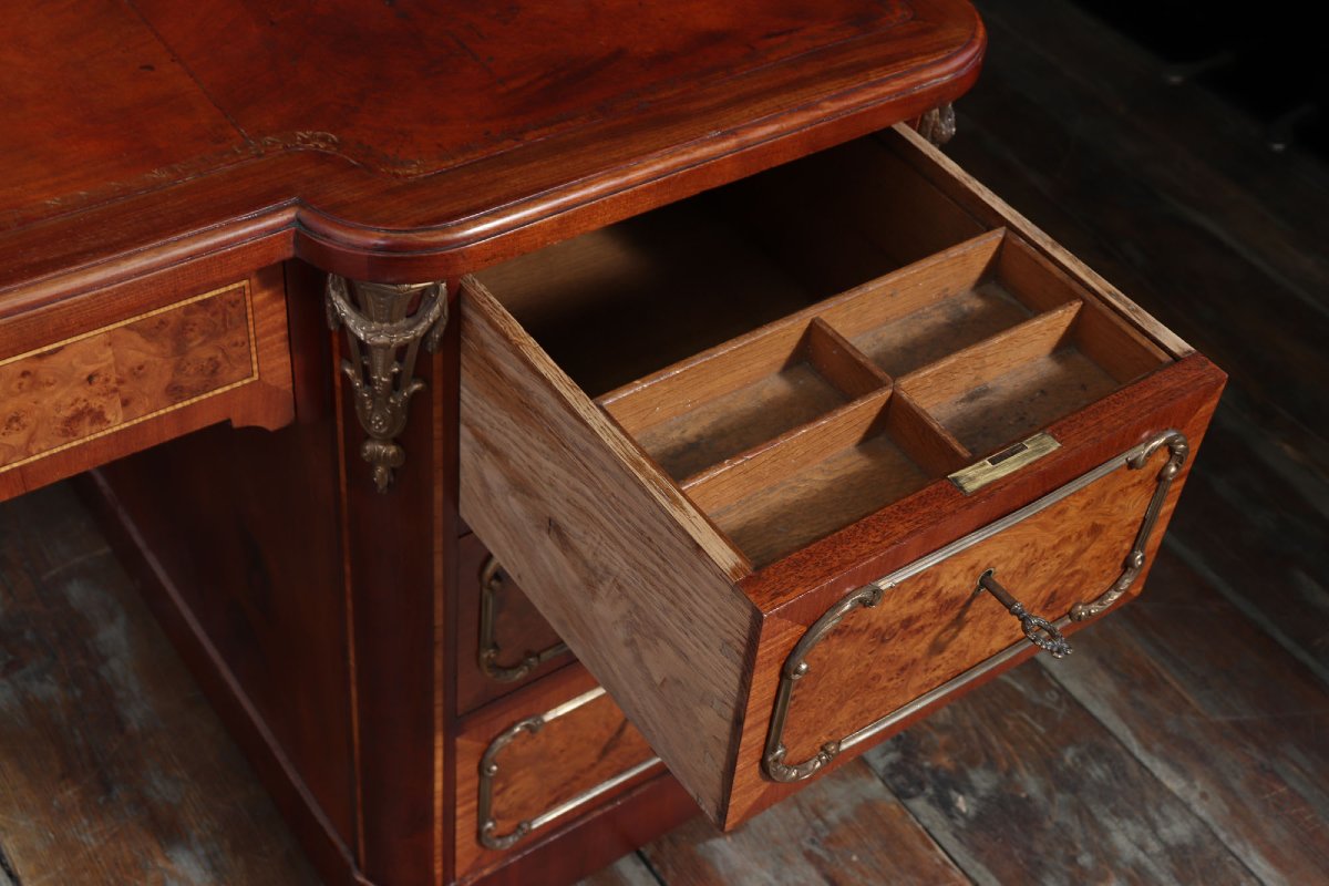 Fine French Burr Walnut Pedestal Desk With Gilt Bronze Ormolu Mounts C1880-photo-5