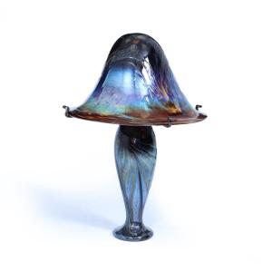 Grande lampe champignon en verre d'art irisé français signé