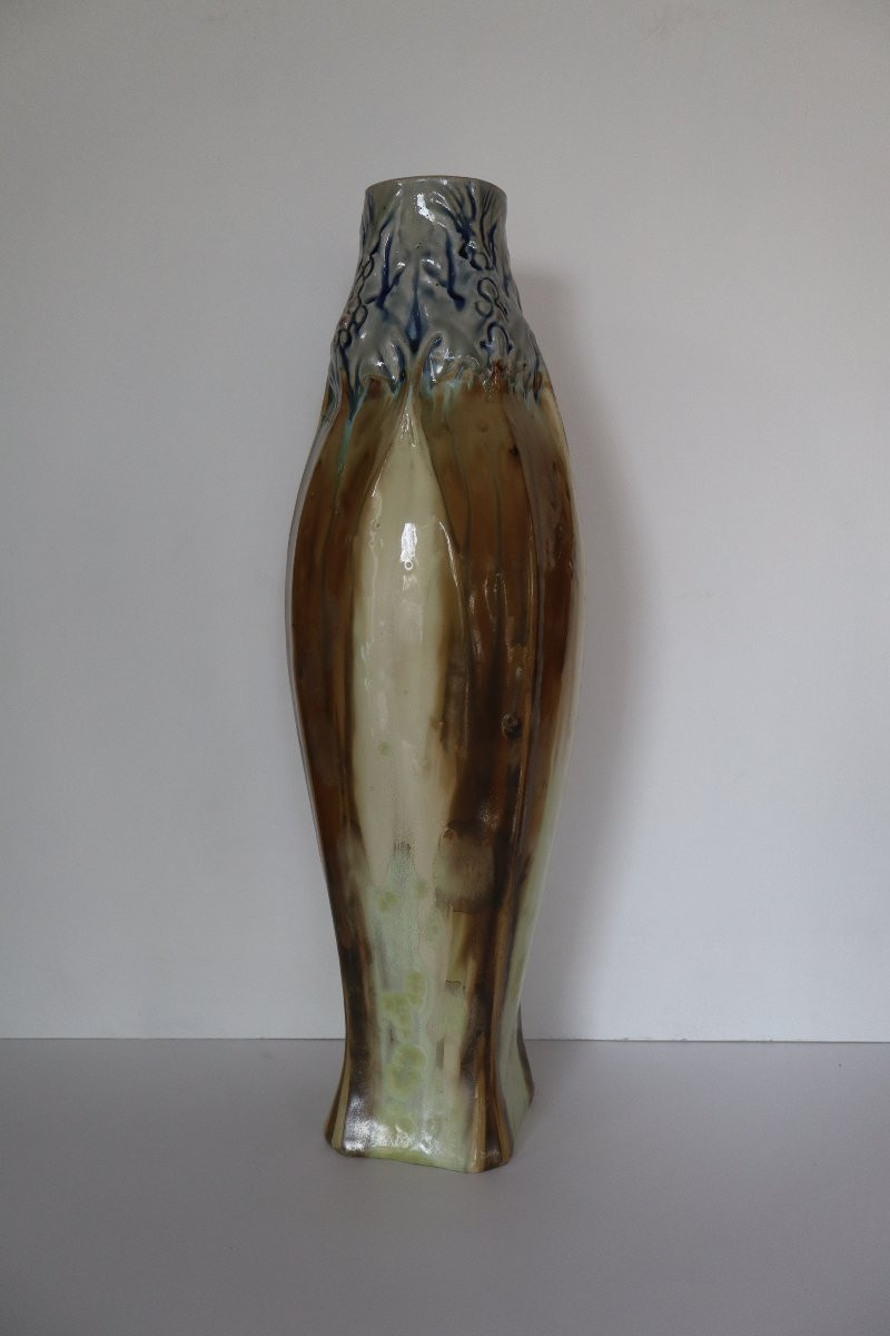 Grand vase Art Nouveau en grès émaillé signé Mougin, Nancy-photo-4