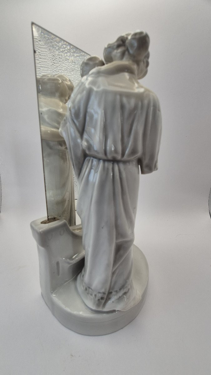  "mother And Child In Front Of A Mirror," Glazed Porcelain, Evokes The German Modern School.-photo-1