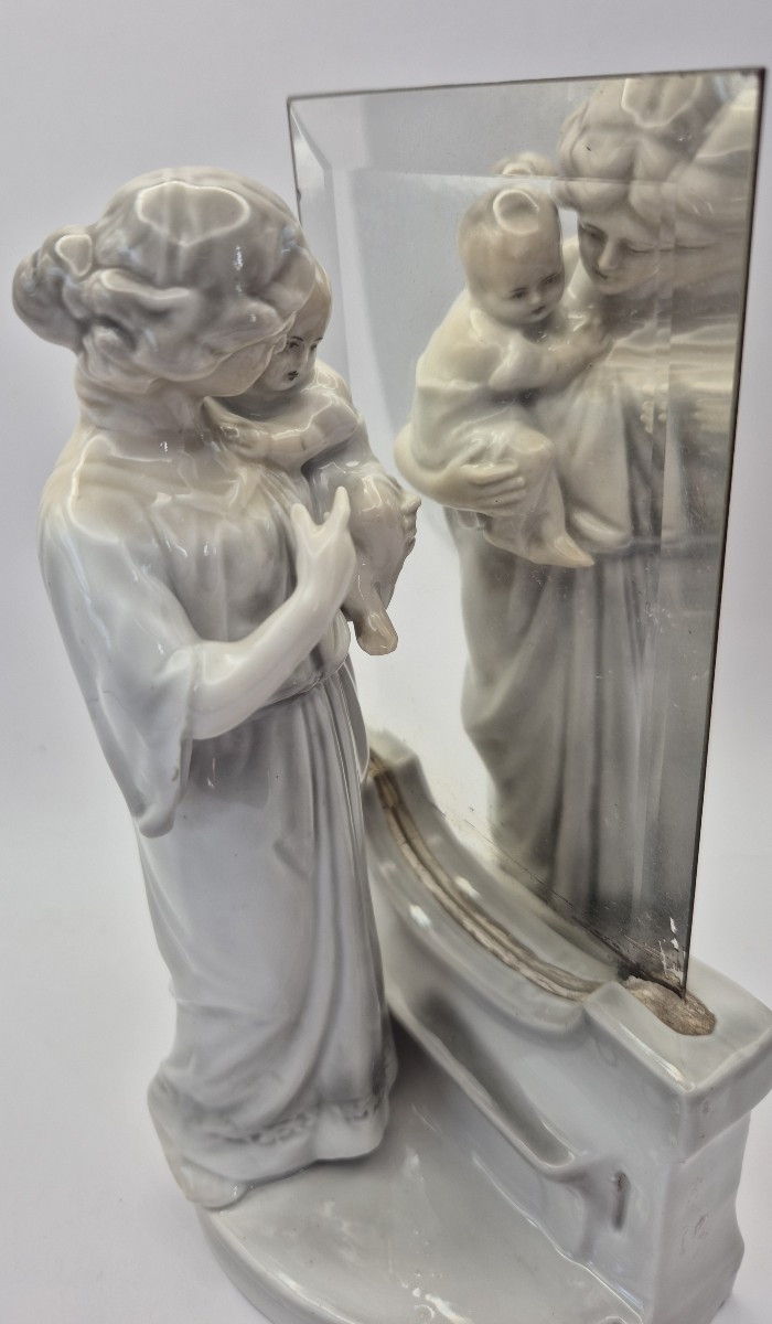  "mother And Child In Front Of A Mirror," Glazed Porcelain, Evokes The German Modern School.
