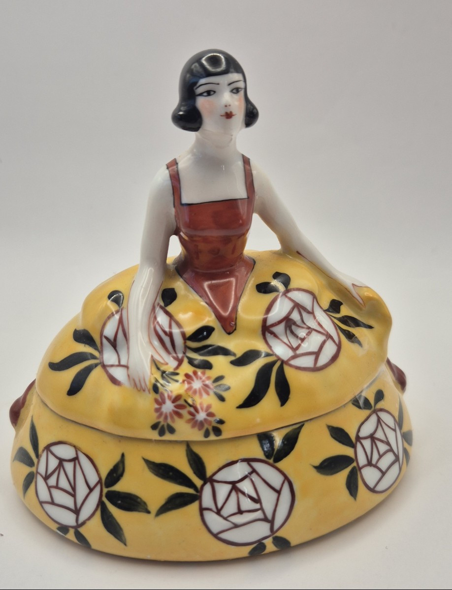 Limoges, France, "elegant Woman In A Floral Dress", Polychrome Enameled Porcelain Box