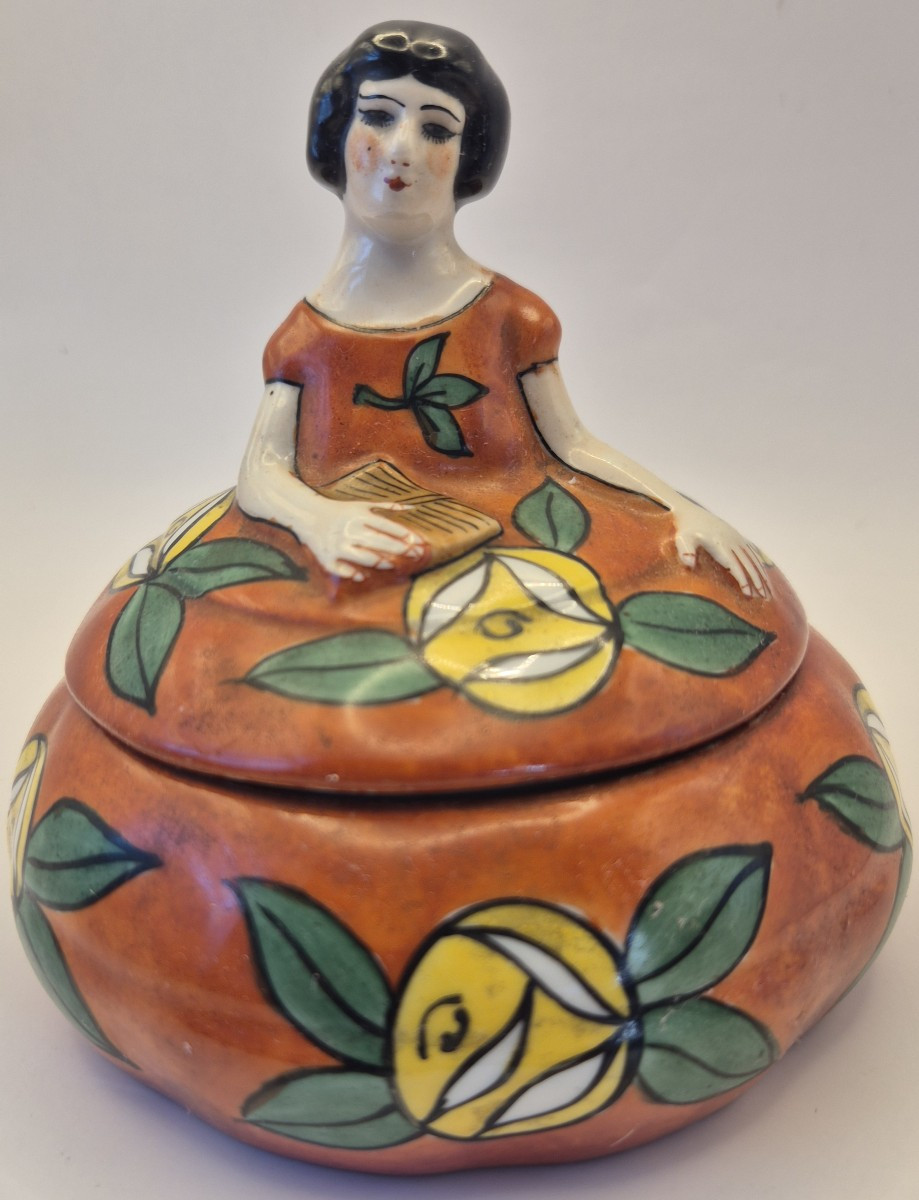 Limoges, France, "elegant Woman In A Floral Dress", Polychrome Enameled Porcelain Box