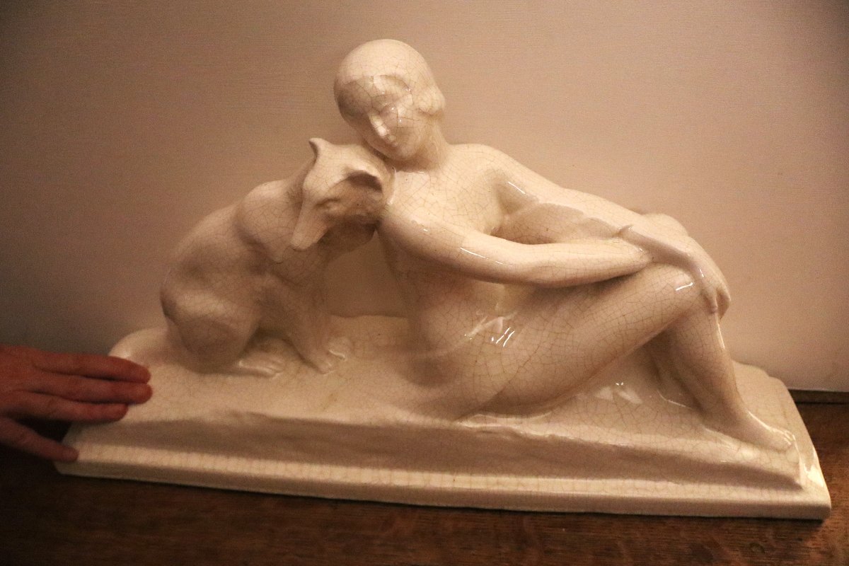 Ecole française Art Déco "Elégante au lévrier", craquelé, signé-photo-2