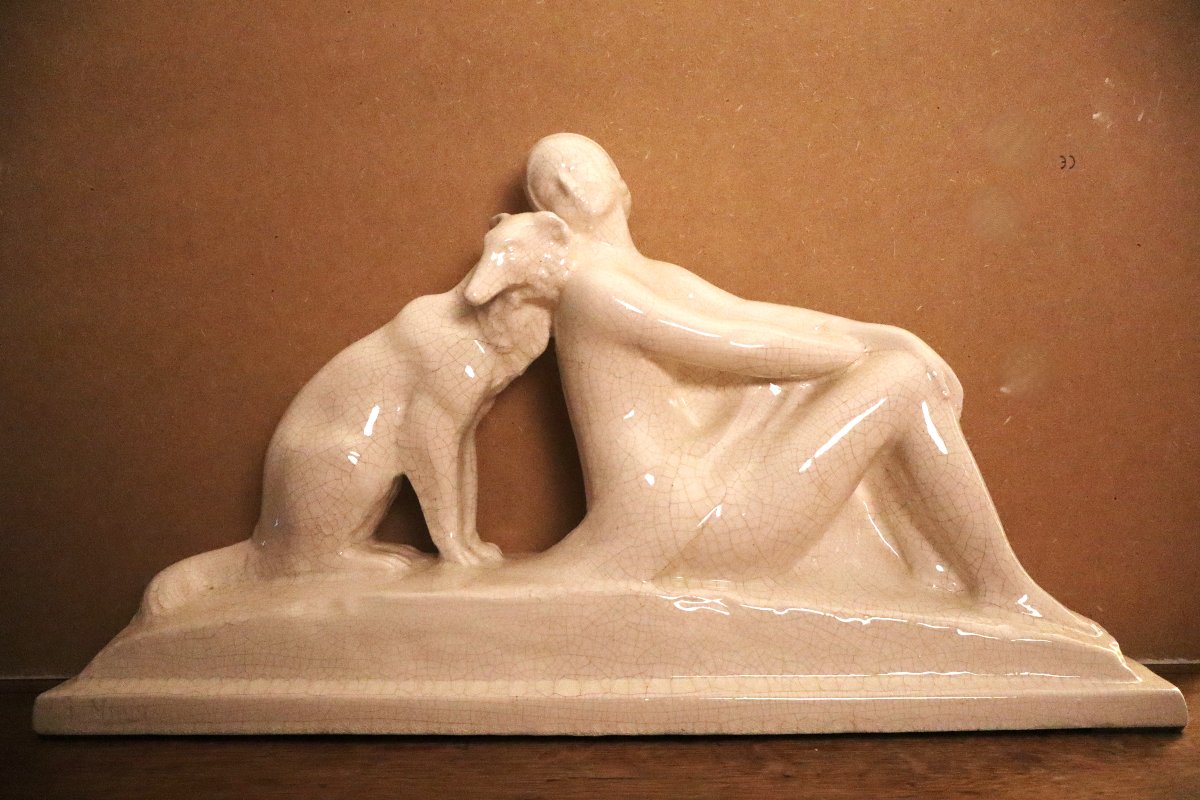 Ecole française Art Déco "Elégante au lévrier", craquelé, signé-photo-3