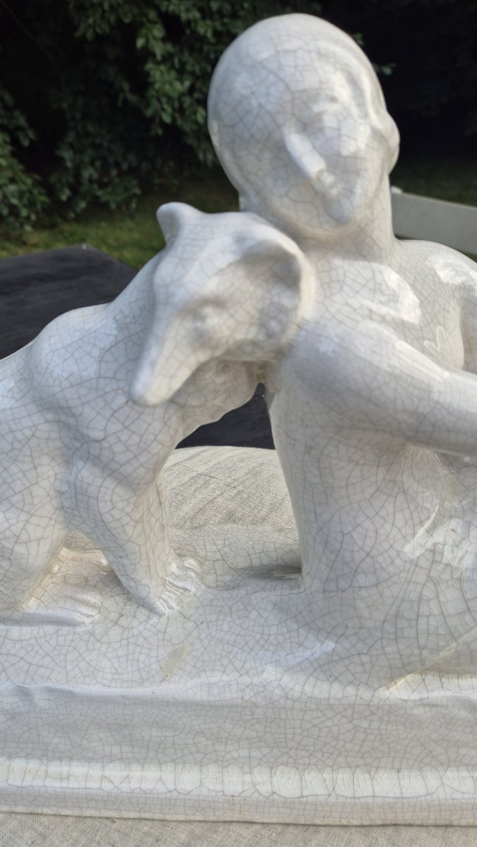 Ecole française Art Déco "Elégante au lévrier", craquelé, signé-photo-4