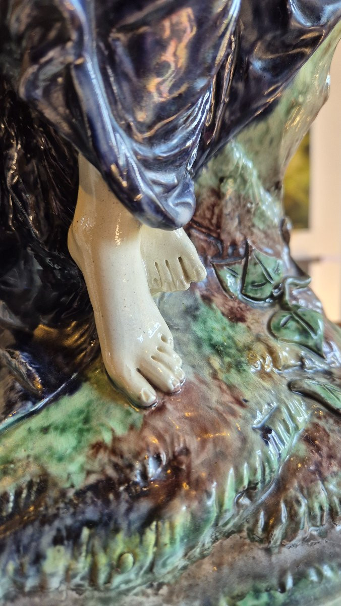 French School Circa 1880, "young Woman With Two Lovers", Polychrome Glazed Terracotta-photo-1