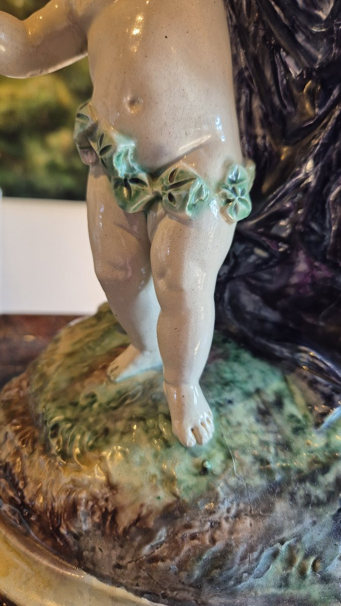 French School Circa 1880, "young Woman With Two Lovers", Polychrome Glazed Terracotta-photo-2
