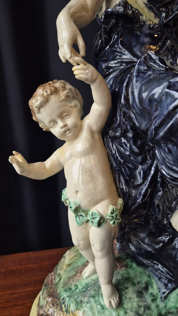 French School Circa 1880, "young Woman With Two Lovers", Polychrome Glazed Terracotta-photo-6