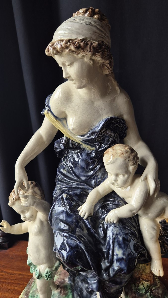 French School Circa 1880, "young Woman With Two Lovers", Polychrome Glazed Terracotta-photo-7