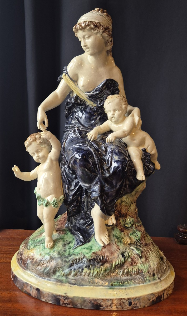 French School Circa 1880, "young Woman With Two Lovers", Polychrome Glazed Terracotta
