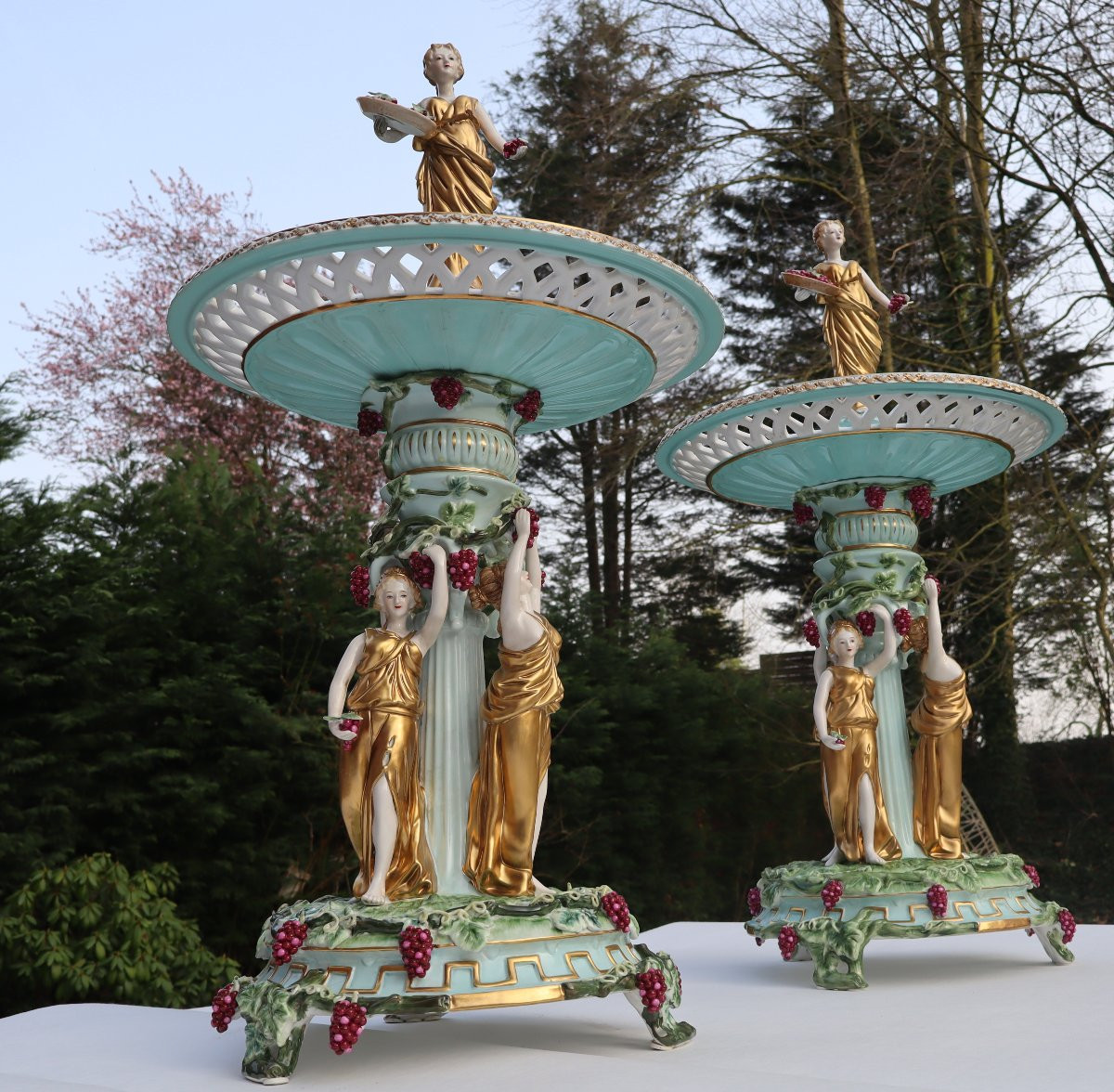 Pair Of Meissen-type Polychrome Porcelain Centerpieces-photo-2