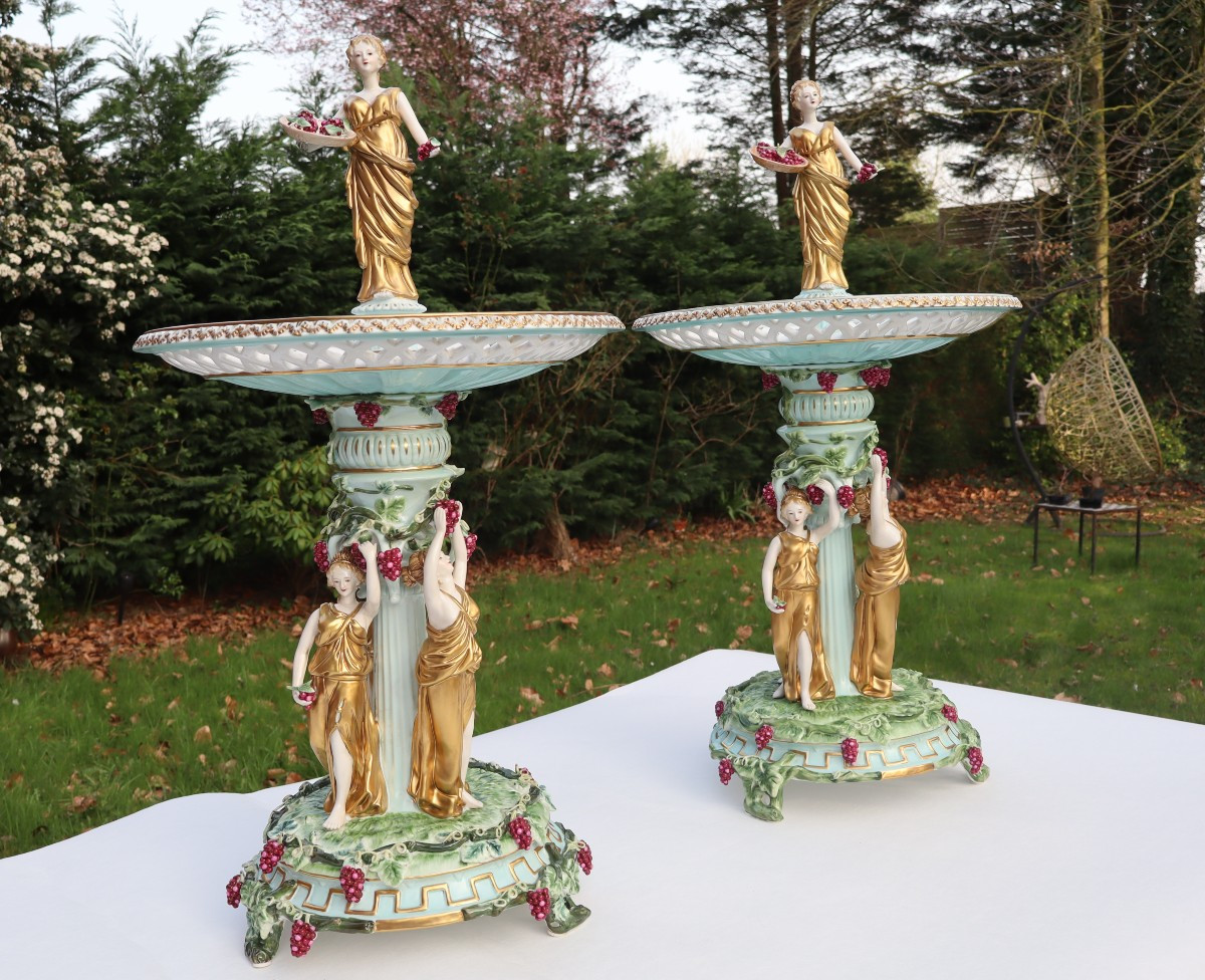 Pair Of Meissen-type Polychrome Porcelain Centerpieces