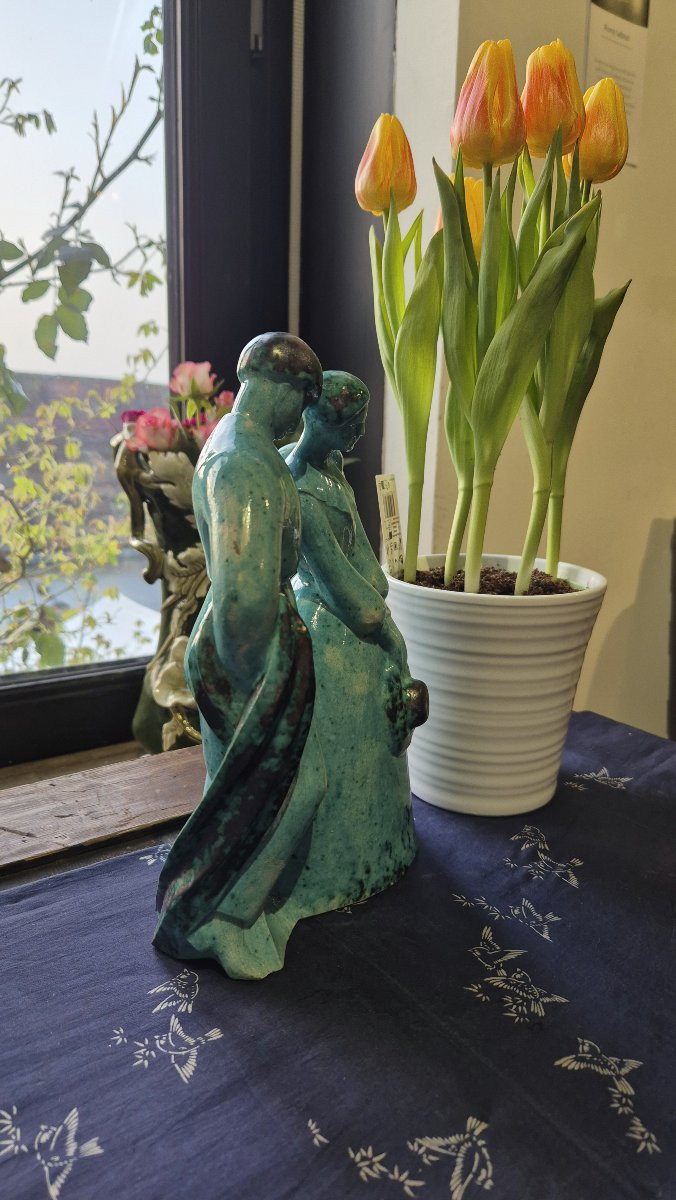 Edouard Cazaux Embracing Couple Turquoise Glazed Ceramic Edition Model For Evolution Box-photo-3
