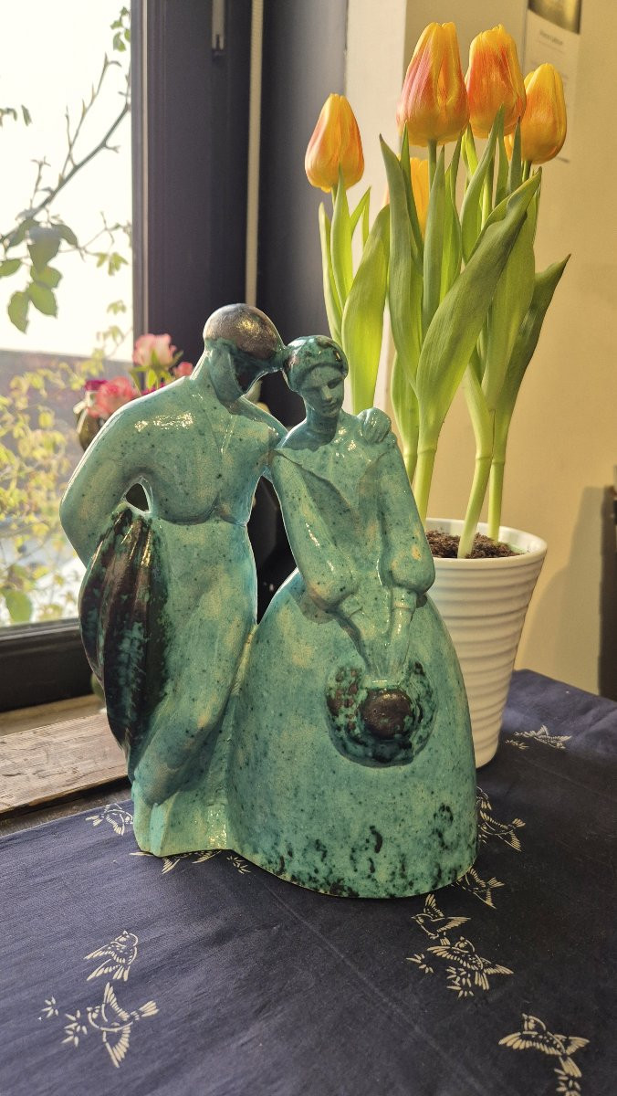 Edouard Cazaux Embracing Couple Turquoise Glazed Ceramic Edition Model For Evolution Box-photo-4