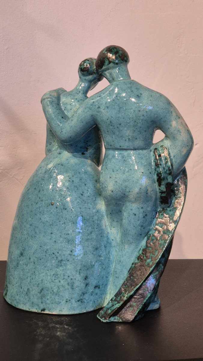 Edouard Cazaux Embracing Couple Turquoise Glazed Ceramic Edition Model For Evolution Box-photo-2