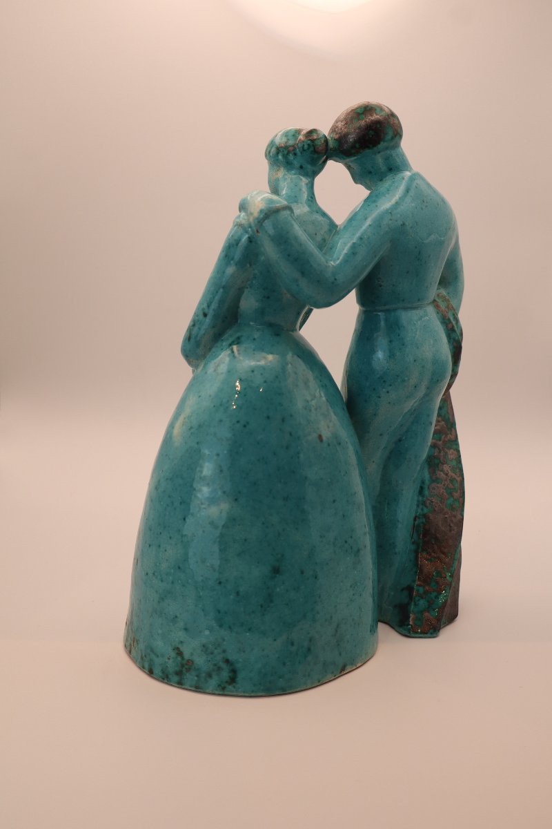 Edouard Cazaux Embracing Couple Turquoise Glazed Ceramic Edition Model For Evolution Box-photo-3