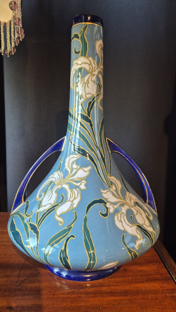 Paire de vases Emile Diffloth en céramique turquoise et décors d'Iris réhaussée de dorure-photo-3