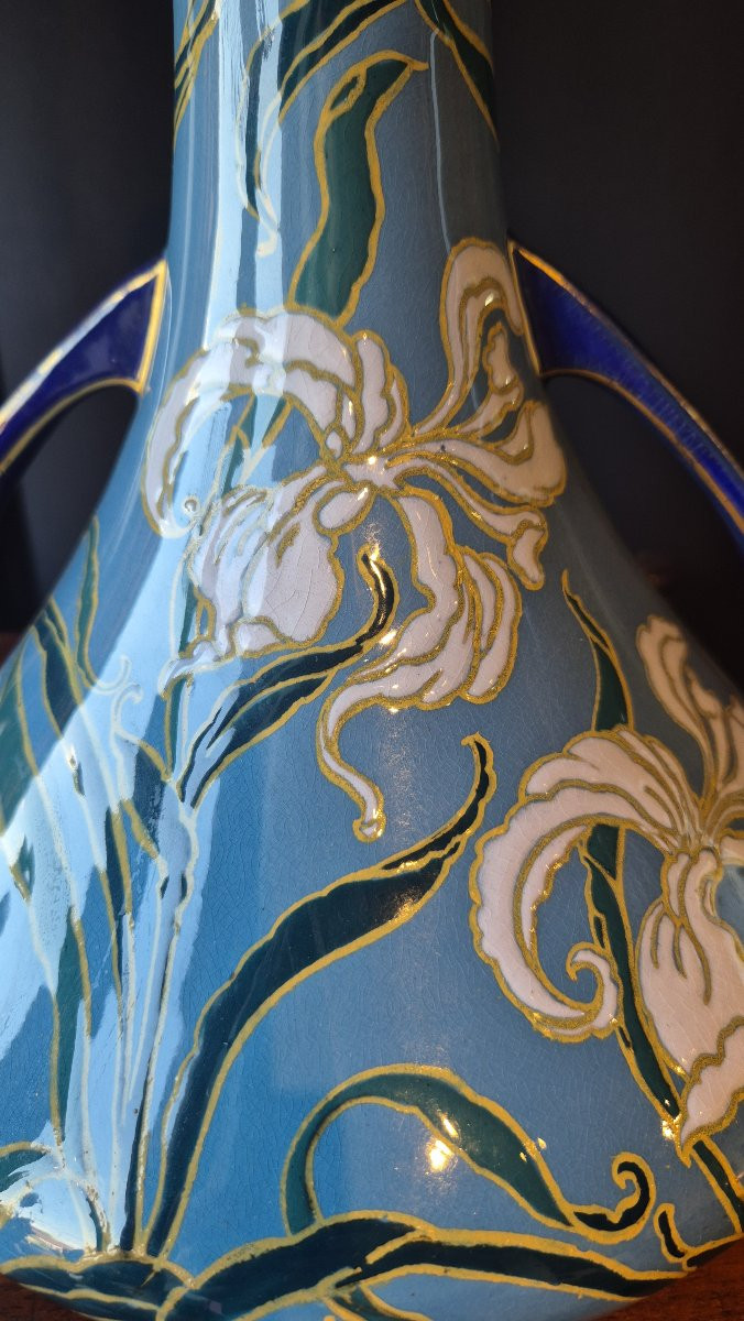 Paire de vases Emile Diffloth en céramique turquoise et décors d'Iris réhaussée de dorure-photo-4
