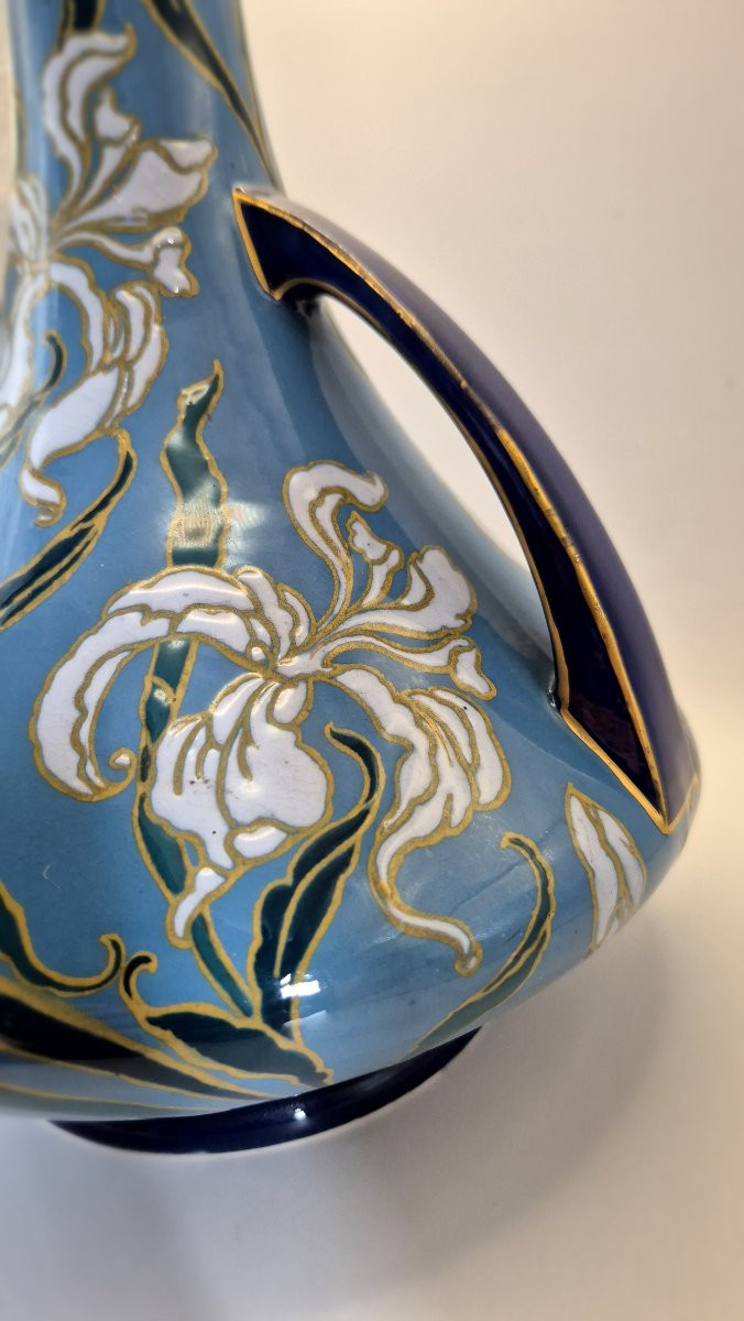 Paire de vases Emile Diffloth en céramique turquoise et décors d'Iris réhaussée de dorure-photo-1