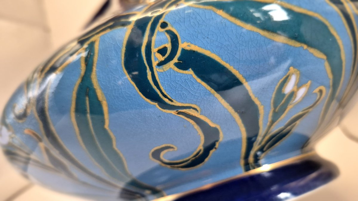 Paire de vases Emile Diffloth en céramique turquoise et décors d'Iris réhaussée de dorure-photo-2