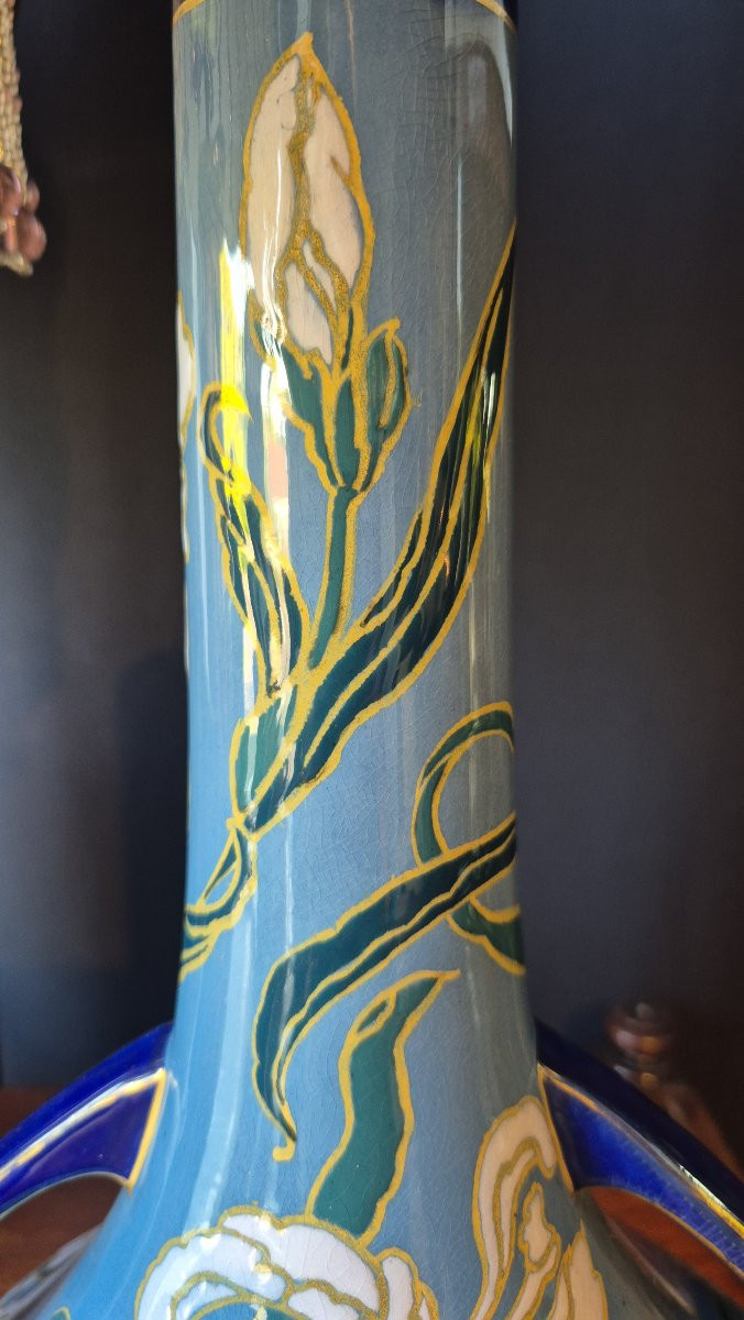 Paire de vases Emile Diffloth en céramique turquoise et décors d'Iris réhaussée de dorure-photo-7