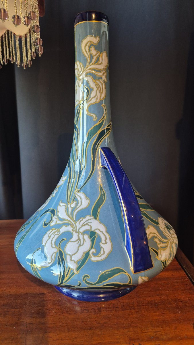 Paire de vases Emile Diffloth en céramique turquoise et décors d'Iris réhaussée de dorure-photo-8