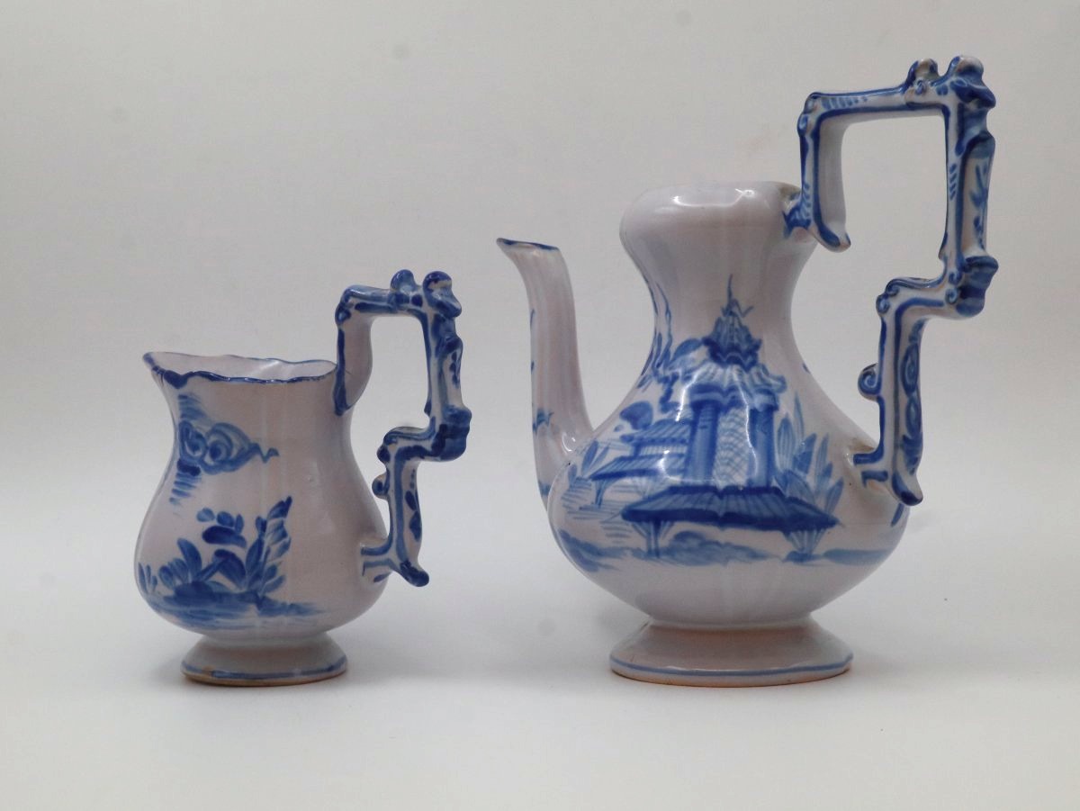 Emile Gallé, Pair Of Earthenware Pitchers With Blue Decoration