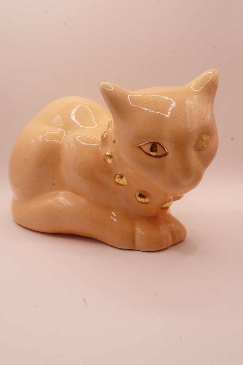 Chat en Céramique Craquelée – Émaux de Longwy– Modèle Dany Style Art Déco / Années 1980-photo-2