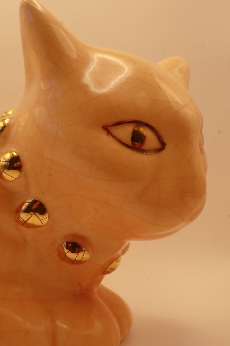 Chat en Céramique Craquelée – Émaux de Longwy– Modèle Dany Style Art Déco / Années 1980-photo-2