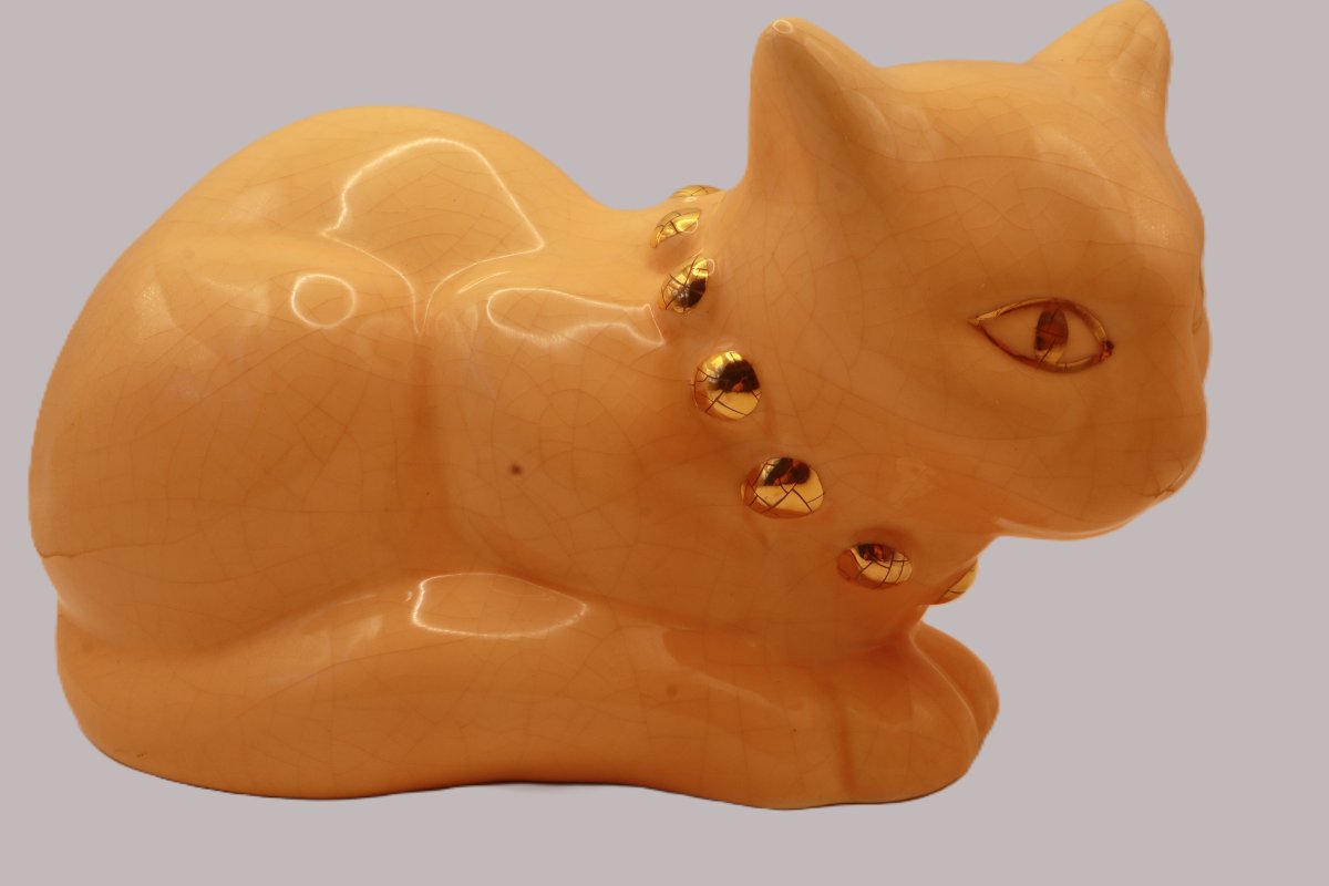 Chat en Céramique Craquelée – Émaux de Longwy– Modèle Dany Style Art Déco / Années 1980