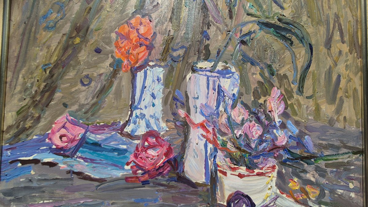 Émile Sabouraud (1900-1996) – "Pois de senteur" – Grande nature morte aux fleurs-photo-2