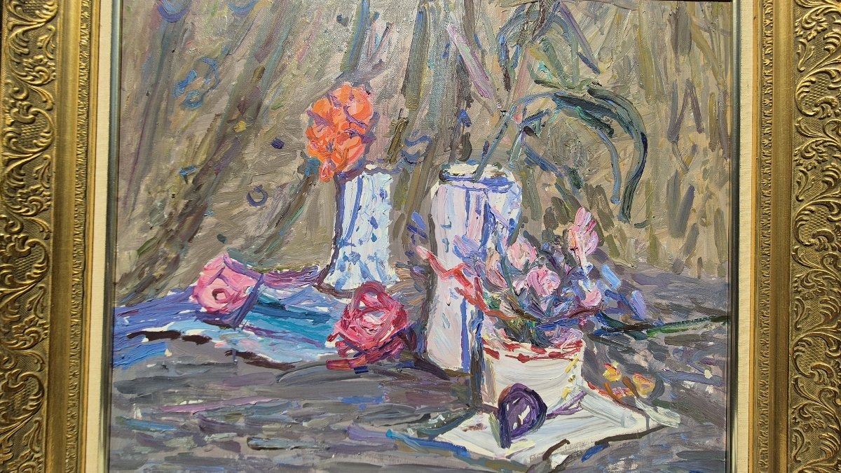 Émile Sabouraud (1900-1996) – "Pois de senteur" – Grande nature morte aux fleurs-photo-3