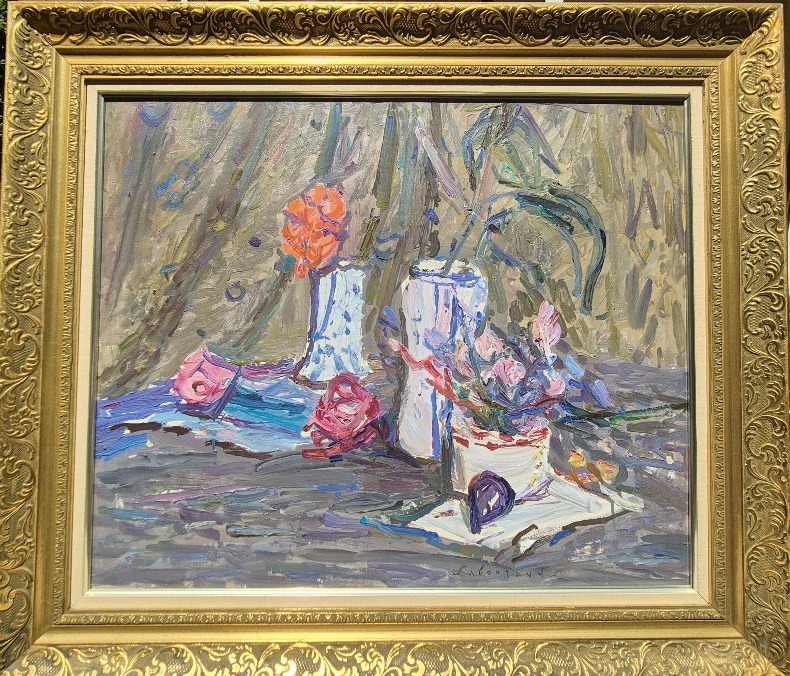 Émile Sabouraud (1900-1996) – "Pois de senteur" – Grande nature morte aux fleurs