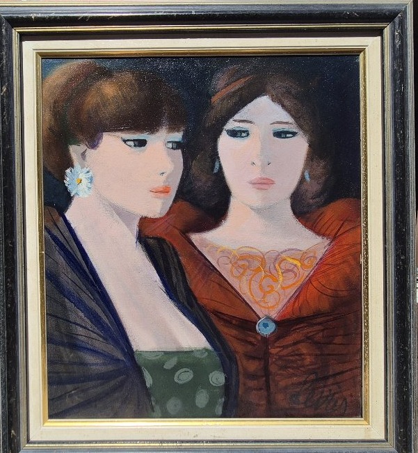 Charles Levier (1920–2003) – “before Going Out” – Oil On Canvas – Double Portrait Of Women
