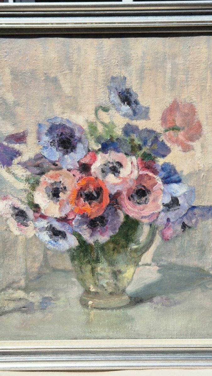 Marie Réol (1880-1963) – "anemones On The Curtain" – Oil On Canvas, Signed-photo-2