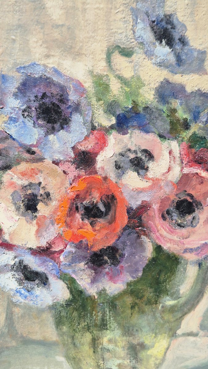 Marie Réol (1880-1963) – "anemones On The Curtain" – Oil On Canvas, Signed-photo-4