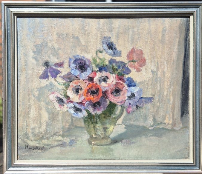 Marie Réol (1880-1963) – "anemones On The Curtain" – Oil On Canvas, Signed