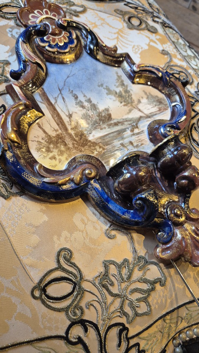 Pair Of Two-light Wall Sconces Made Of Saint-clément Earthenware – Landscapes – Circa 1870-photo-2