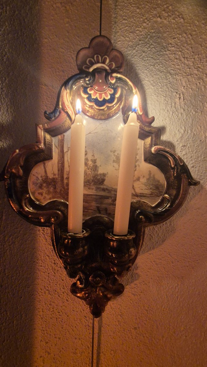 Pair Of Two-light Wall Sconces Made Of Saint-clément Earthenware – Landscapes – Circa 1870-photo-3