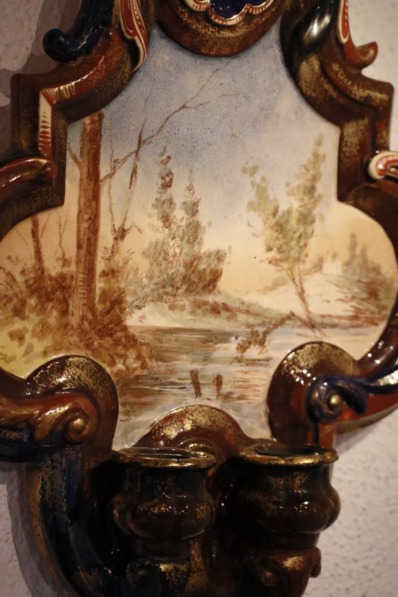 Pair Of Two-light Wall Sconces Made Of Saint-clément Earthenware – Landscapes – Circa 1870-photo-4