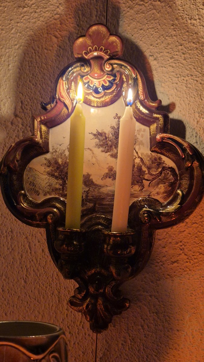 Pair Of Two-light Wall Sconces Made Of Saint-clément Earthenware – Landscapes – Circa 1870-photo-2