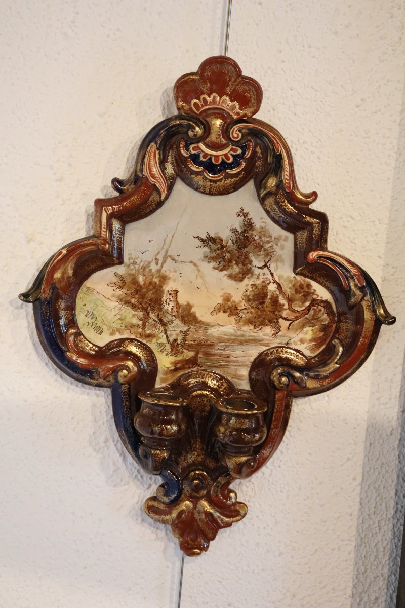 Pair Of Two-light Wall Sconces Made Of Saint-clément Earthenware – Landscapes – Circa 1870-photo-3