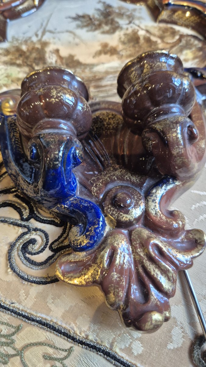 Pair Of Two-light Wall Sconces Made Of Saint-clément Earthenware – Landscapes – Circa 1870-photo-4