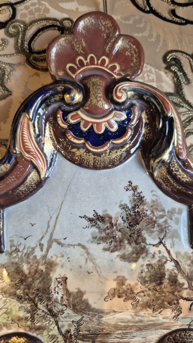 Pair Of Two-light Wall Sconces Made Of Saint-clément Earthenware – Landscapes – Circa 1870-photo-5
