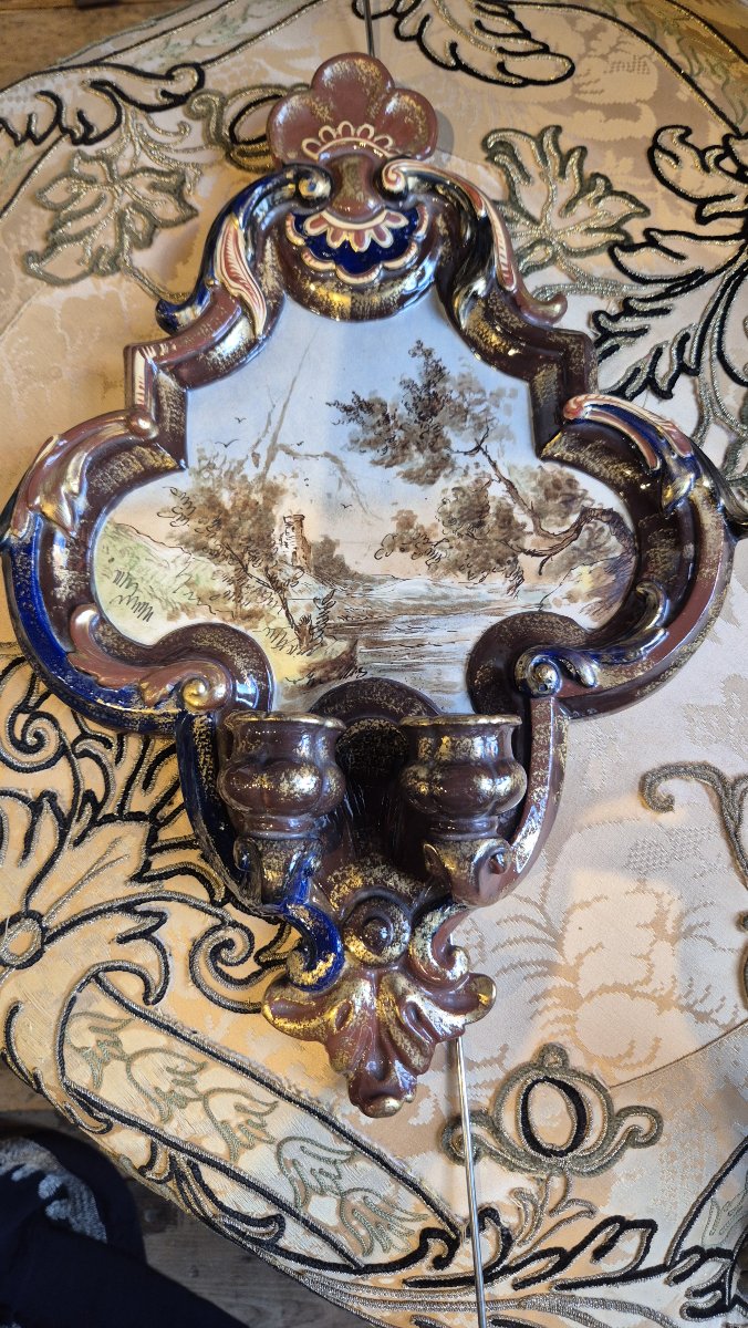Pair Of Two-light Wall Sconces Made Of Saint-clément Earthenware – Landscapes – Circa 1870
